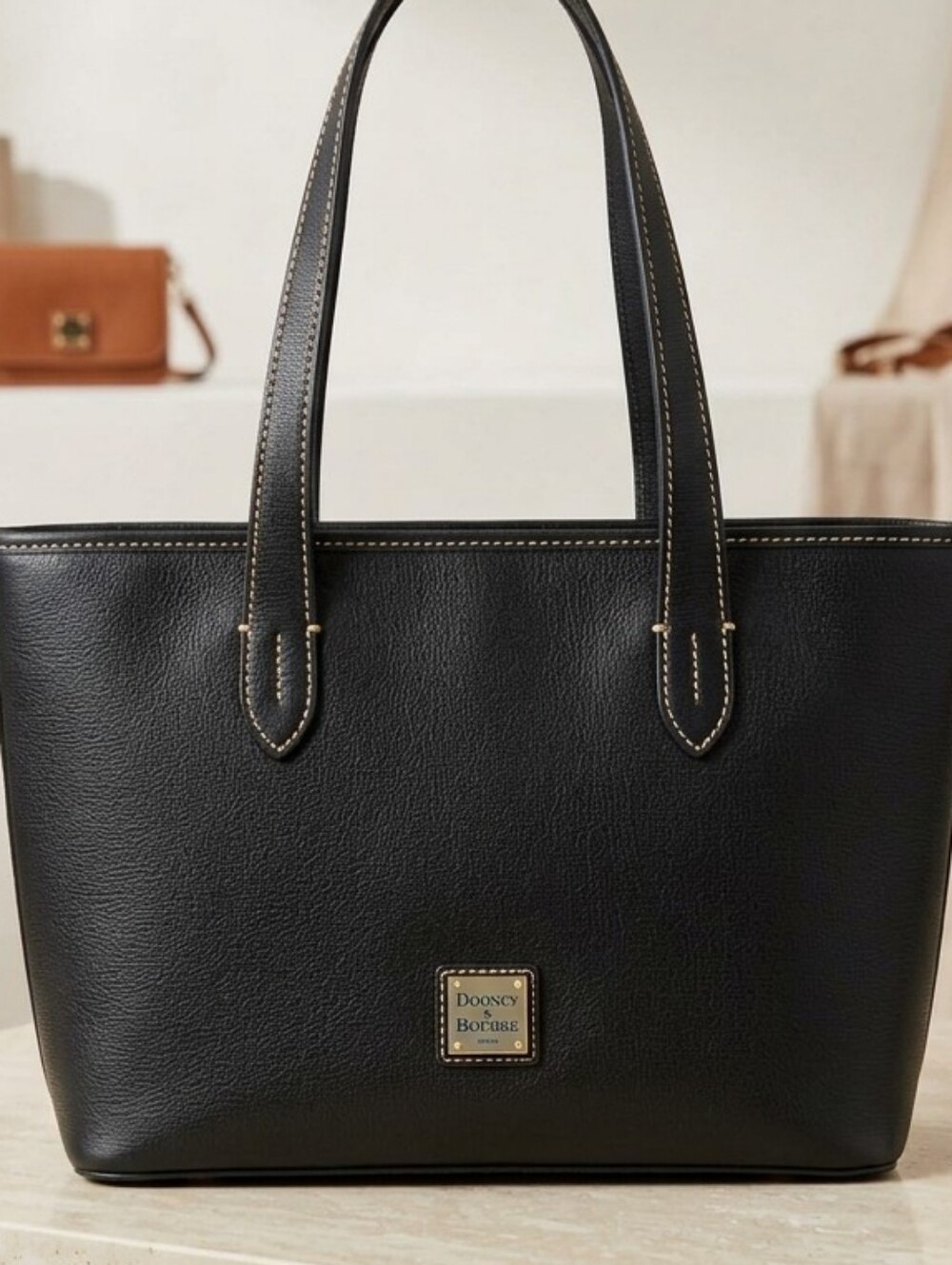 Dooney & Bourke Black Leather Tote with Contrast Stitching